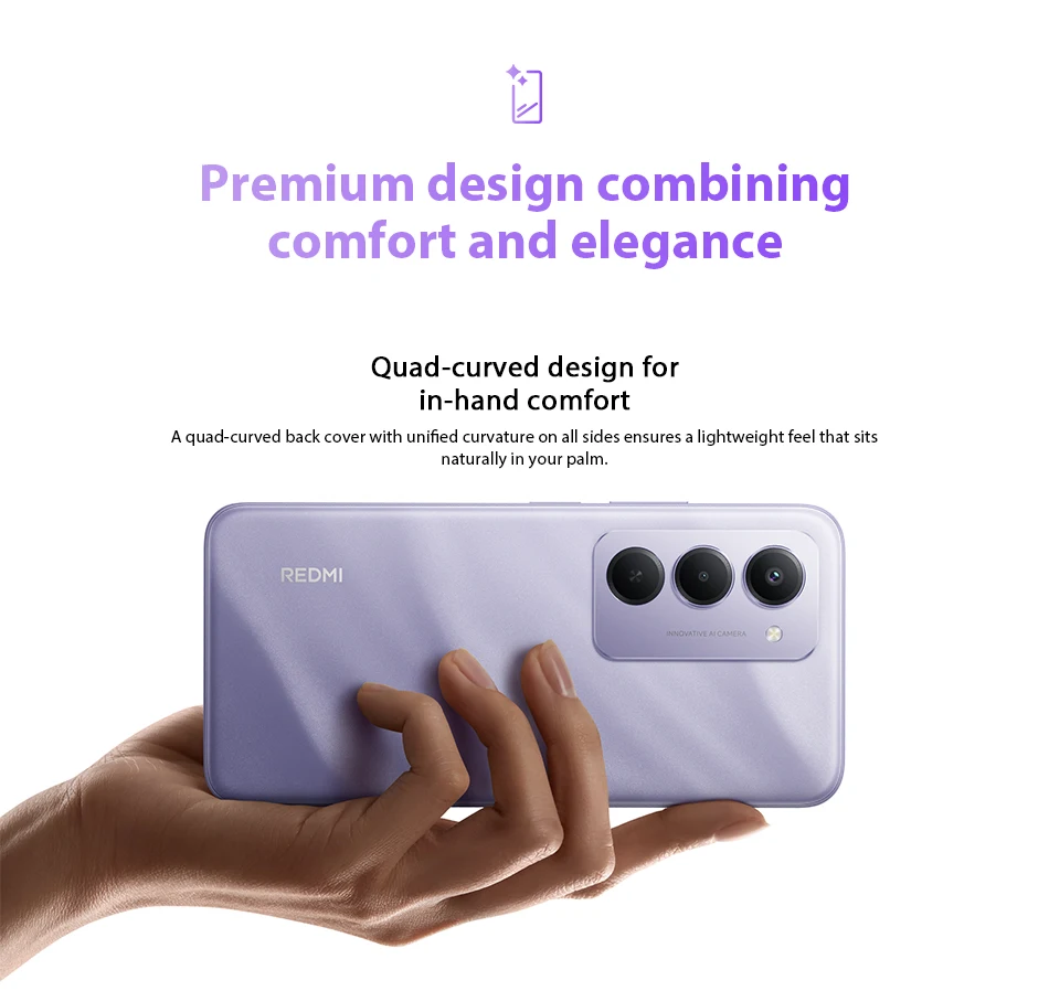 Xiaomi Redmi 15 quad-curved premium design for comfortable grip